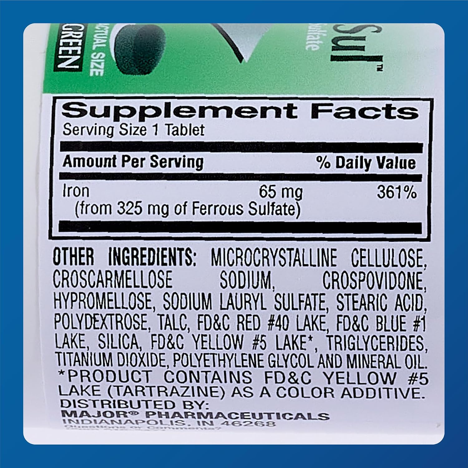 Major Ferosul - Ferrous Sulfate 325mg Tablets with 65mg of Elemental Iron - Iron Supplement for Women, Men - Green - 100 Count (3 Pack)