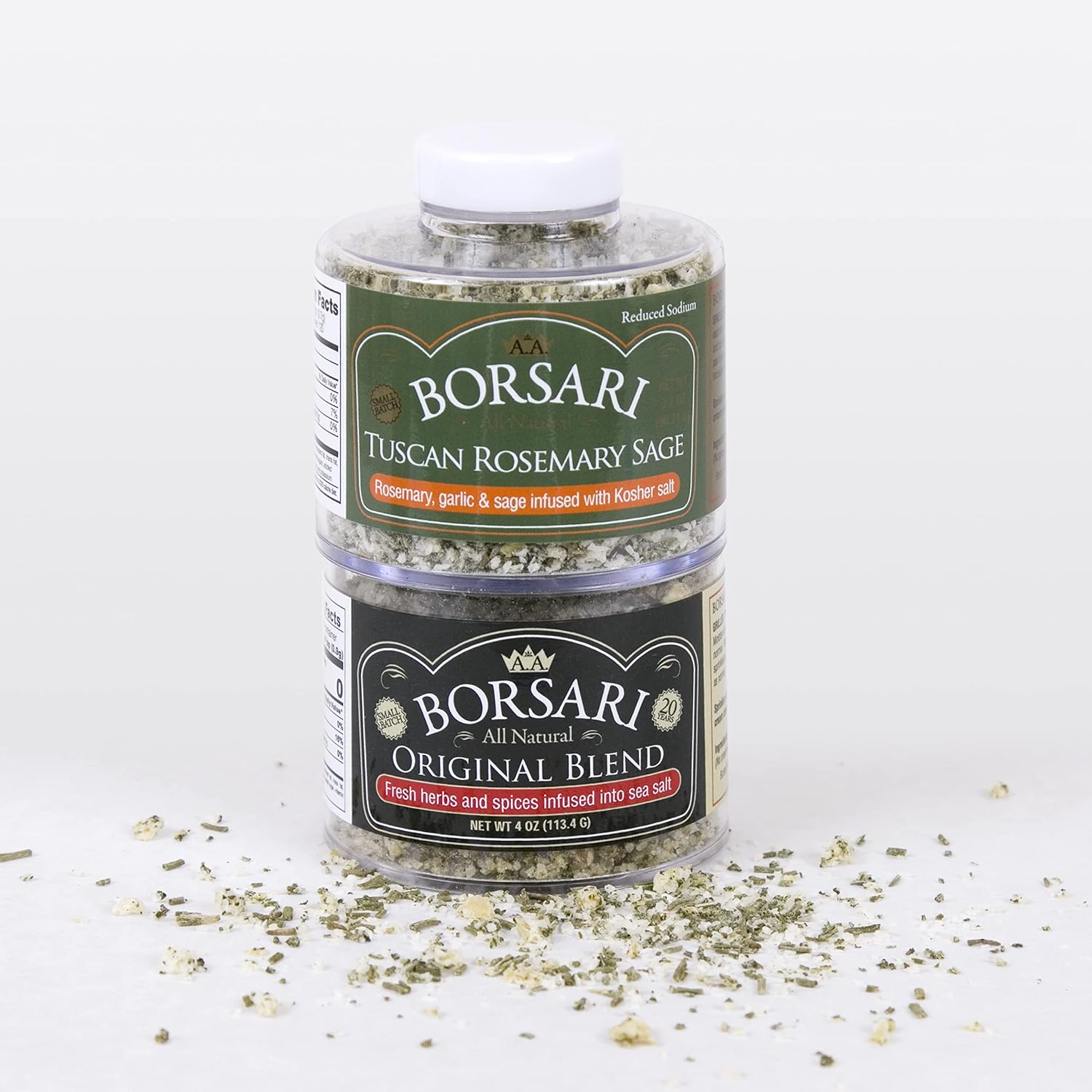 Borsari Seasoned Salt Combo - Multi-Use All Purpose Original and Orange Ginger Seasonings - Gourmet Sea Salt Blends With Herbs and Spices - Set of 2, 4 oz Shaker Bottles