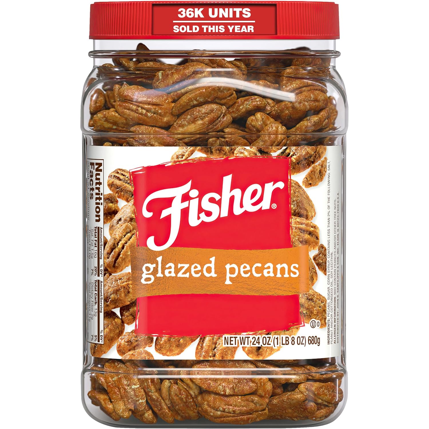 Fisher Snack Glazed Pecans Candied, 24 oz, Pack of 1 | Junior Mammoth Candied Pecans, Perfect For Gifting Or Personal Enjoyment, Crunchy, Irresistibly Sweet