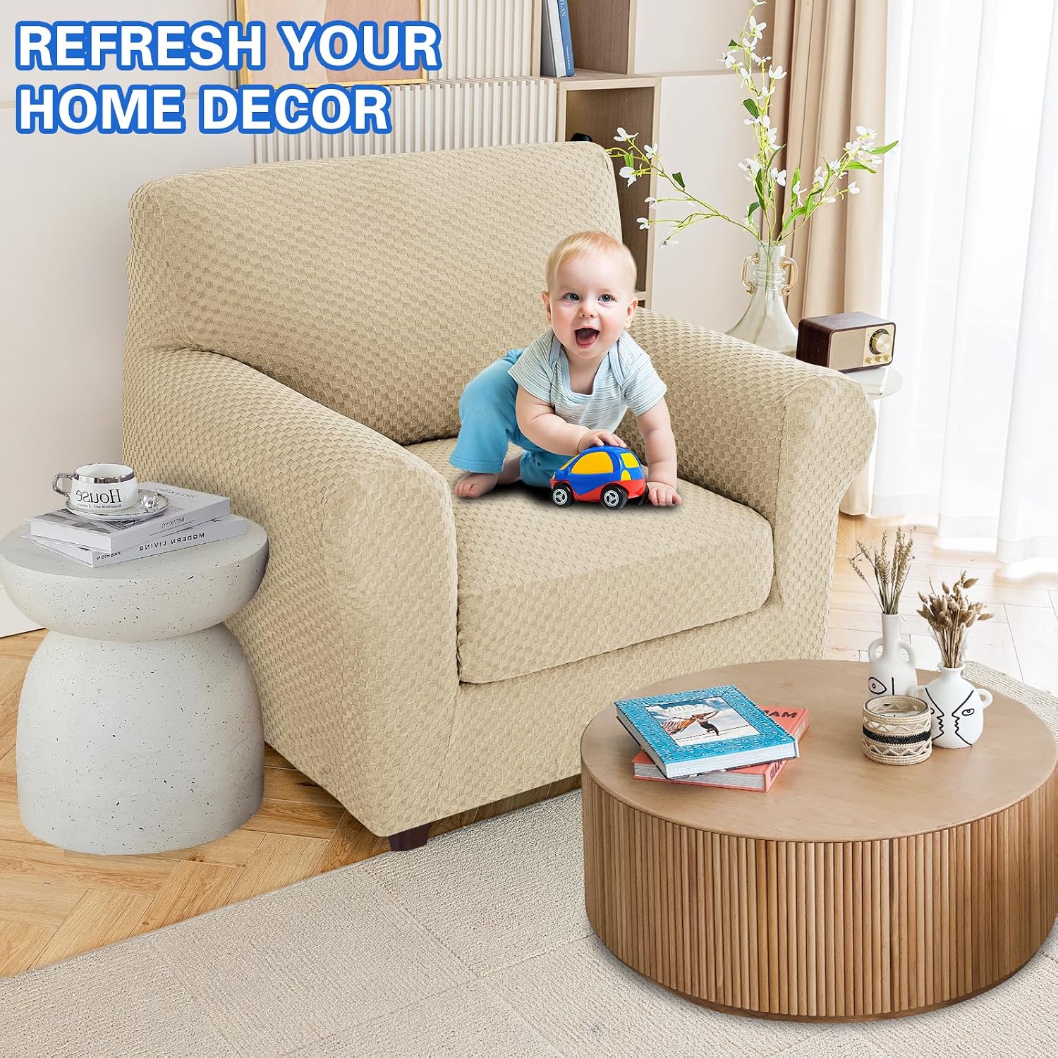 MAXIJIN Latest Recliner Slipcovers for Living Room 4 Pieces Stretch Jacquard Recliner Chair Cover Soft Fitted Recliner Protector with Elastic Bottom