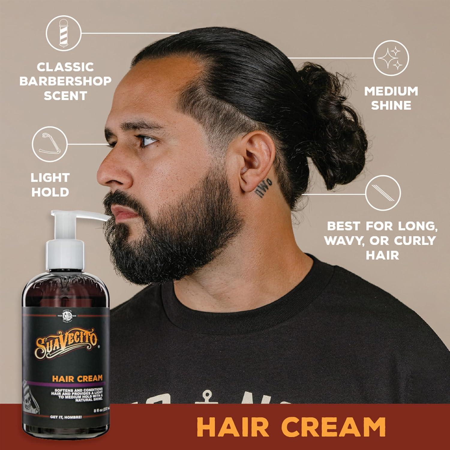 Suavecito Hair Cream for Men - Pump Bottle, Light Hold, Natural Shine, Water Based, Tames Frizz, Great for Curly Hair
