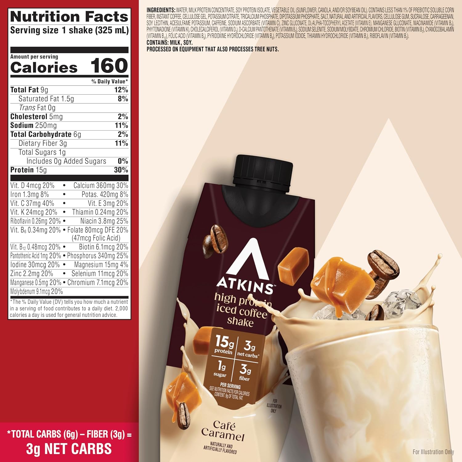 Atkins Café au Lait Iced Coffee Flavored High Protein Shake, Low Sugar and Low Carb, Keto Friendly, Ready to Drink Protein Drink, Gluten Free