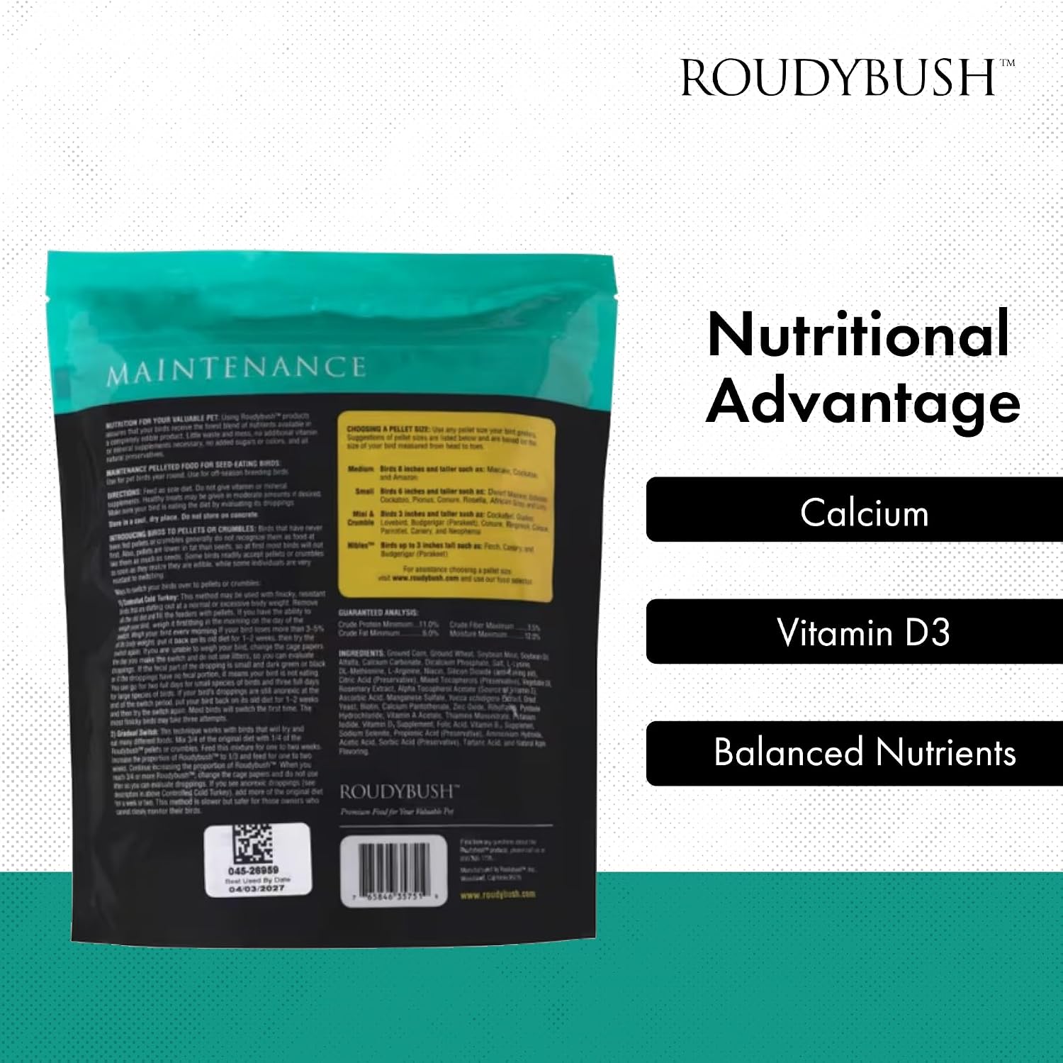 RoudyBush Daily Maintenance Food for Birds - Scientifically Formulated Bird Feed - Bird Food Pellets w/Corn, Wheat, Soy & More - Nutritious & Healthy Feed for Birds (Mini, 44oz)
