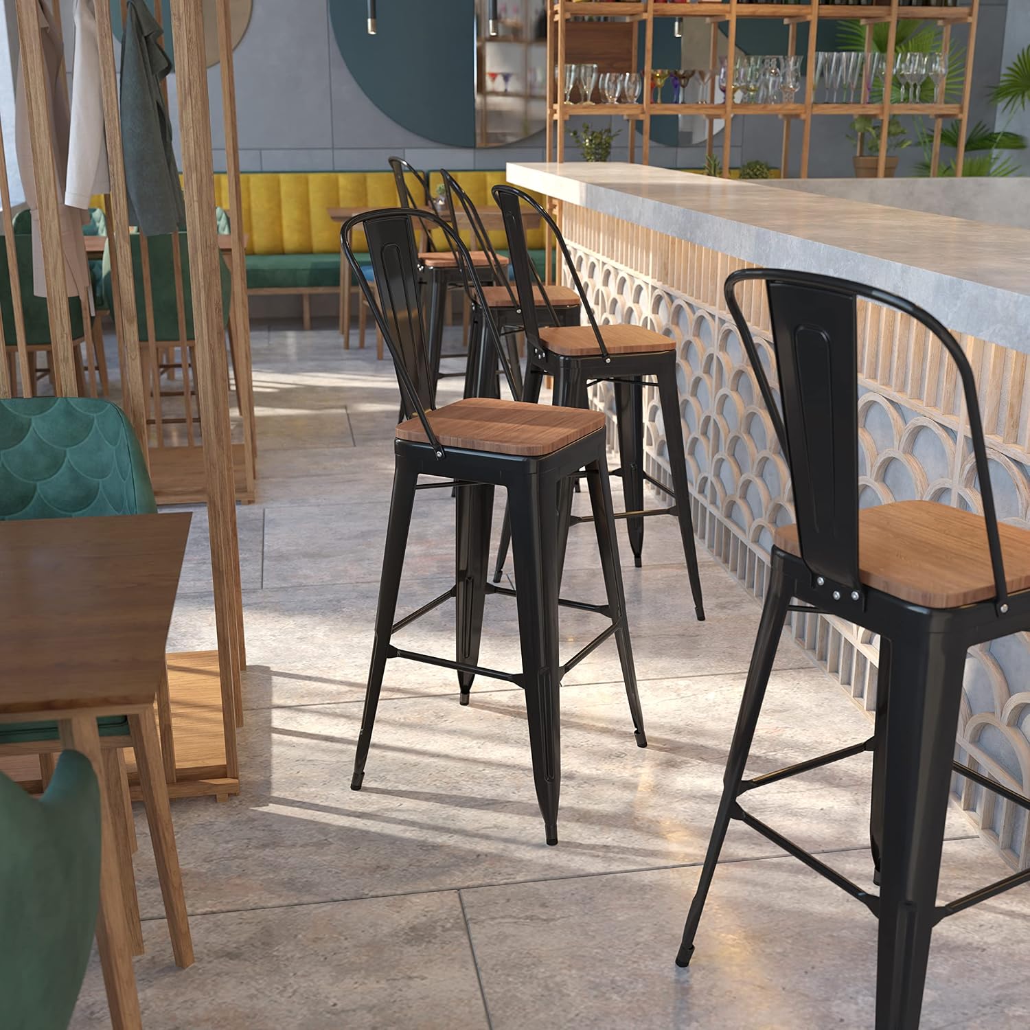 Flash Furniture 30 in Metal Barstool with Back, Blue | Commercial Grade, Removable Back, Indoor/Outdoor Use