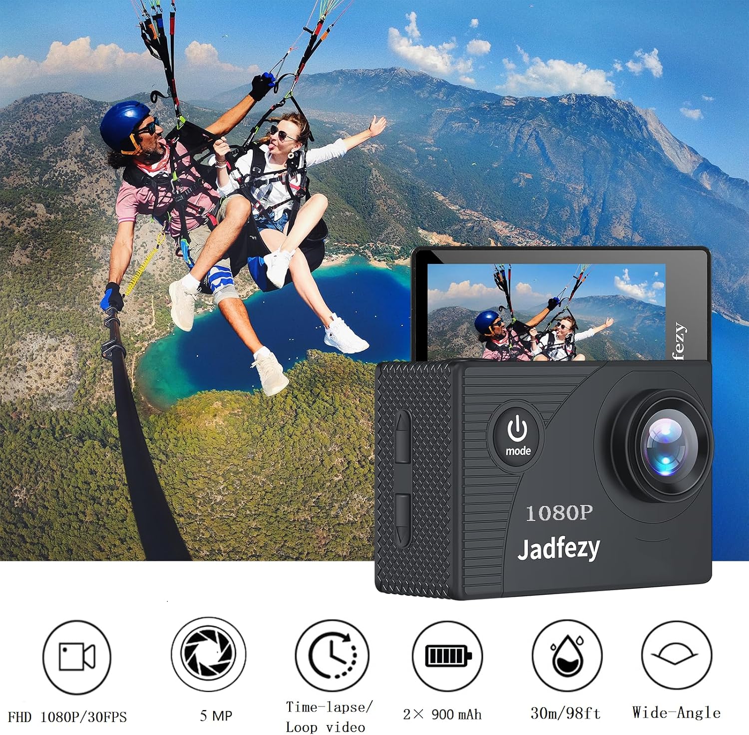 Action Camera FHD 1080P 12MP, 98FT/30M Underwater Waterproof Camera with 2 Batteries
