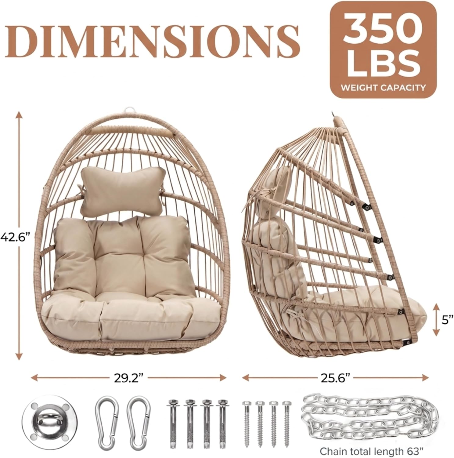 Nicesoul Foldable Space-Saving Hanging Egg Chair No Stand, 350lbs Reinforced Frame with Swing Design, Deep Seat with Thick Cushion