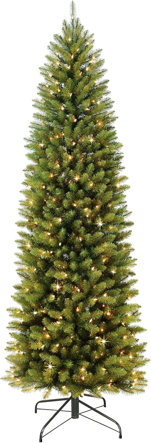 Puleo International 7.5ft Pre-Lit Fraser Fir Pencil Christmas Tree with 350 Clear Lights, 1188 Realistic Dense Branch Tips, Easy Setup Artificial Trees with Sturdy Metal Stand