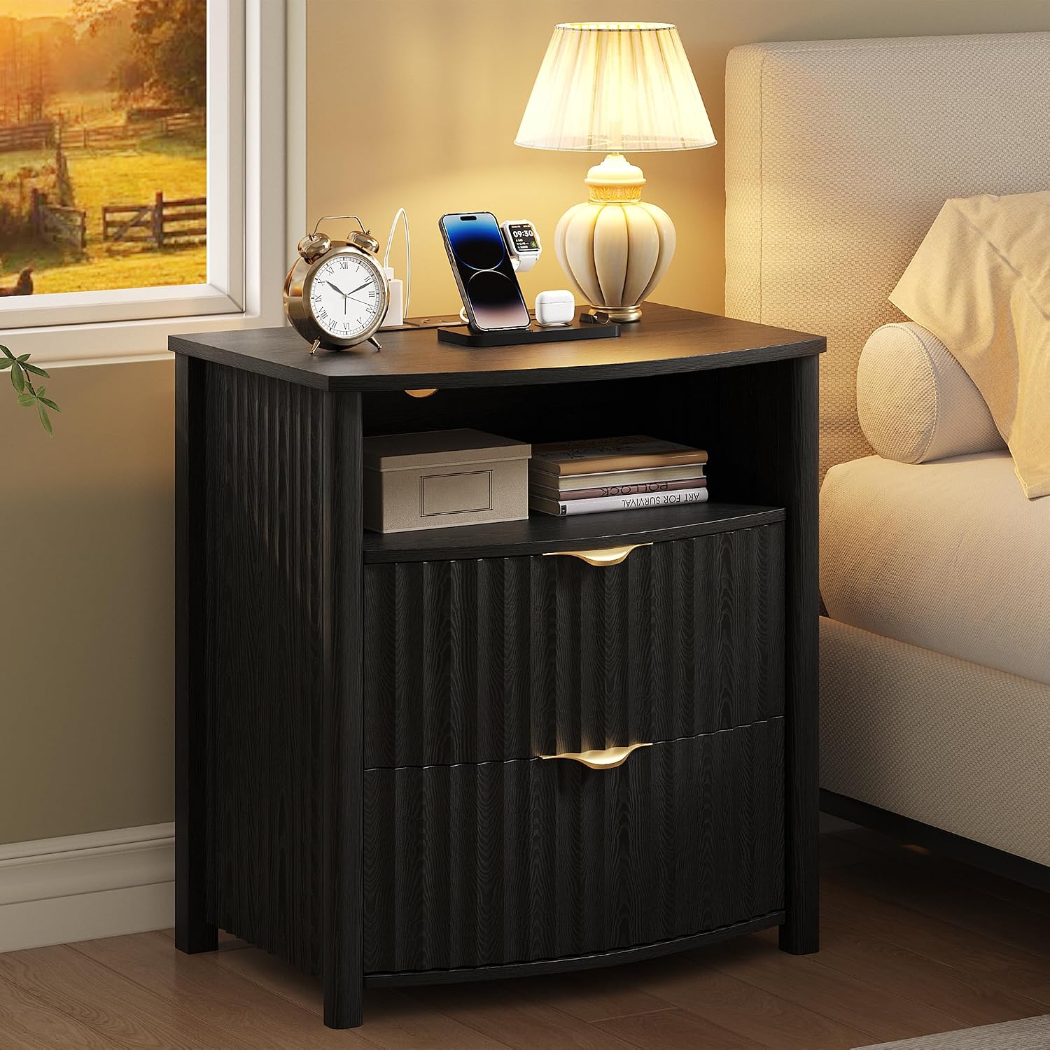 Dystler Fluted LED Night Stand with Hidden Gun Drawer & Charging | 19.7" W Curved Smart Bedside Table, 3-Color LED lights, 2 Drawers, Nightstand with Card-Lock, End Table for Bedroom, Walnut