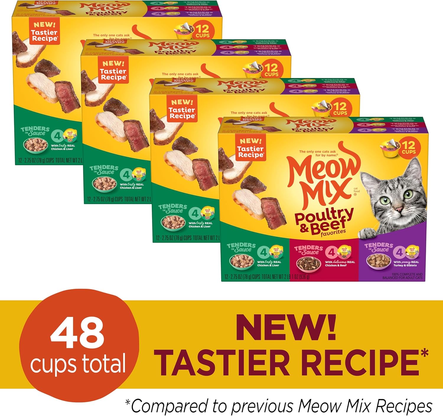 Meow Mix Tenders in Sauce, Wet Cat Food with Tuna & Whole Shrimp, 12 Cups