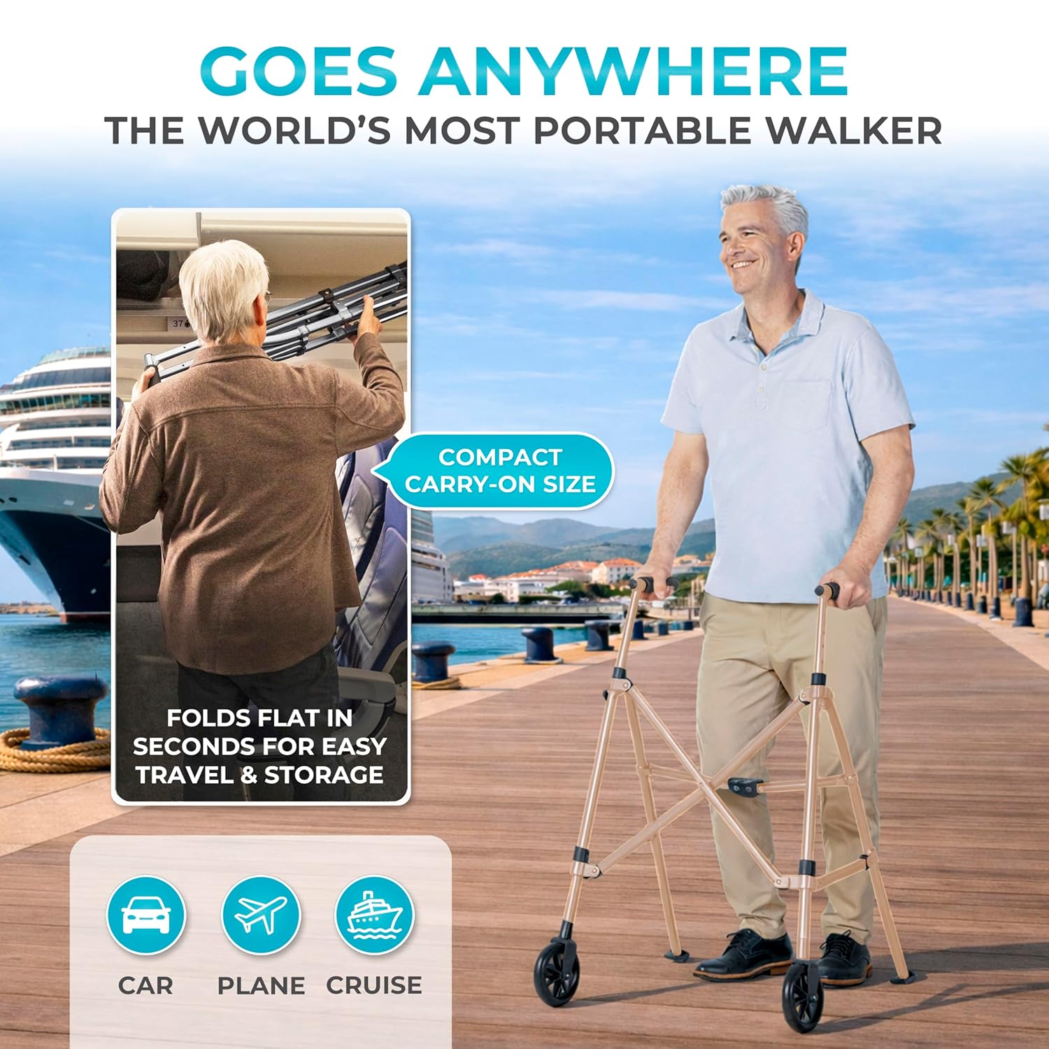 Stander Space Saver Walker Short, Lightweight Folding Rolling Mobility Aid for Juniors & Petite Adults