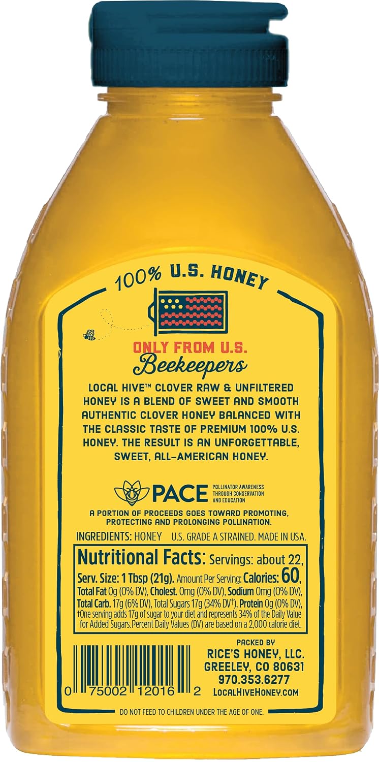 Local Hive Clover Raw & Unfiltered Honey, 100% US Honey, 16 oz | 100% pure, raw honey from US beekeepers | local floral notes | sweeten tea, coffee, baking, yogurt & breakfast