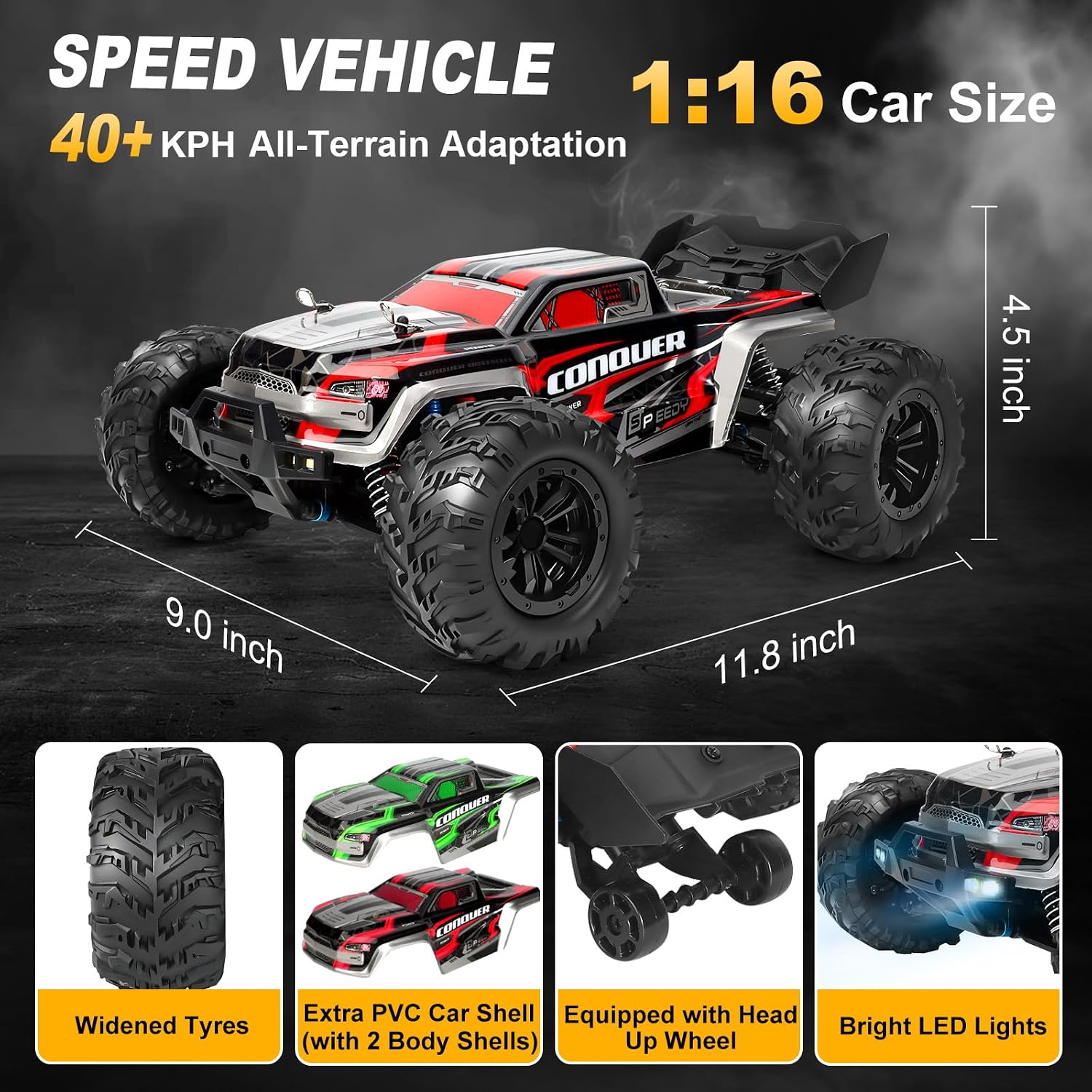1:16 Scale All-Terrain RC Car for Adults - 40+KM/H High Speed 4WD Off-Road Remote Control Truck with 2 Rechargeable Batteries