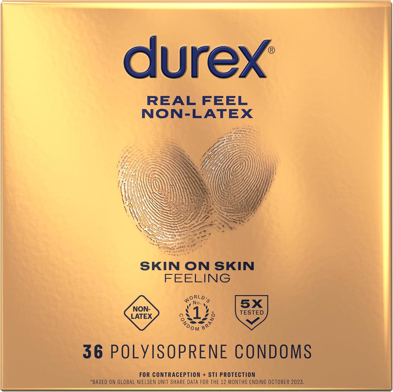 Durex Real Feel Non Latex Condoms, Lubricated Latex Free Condoms for Men, Natural Skin on Skin Feeling, 10 Count