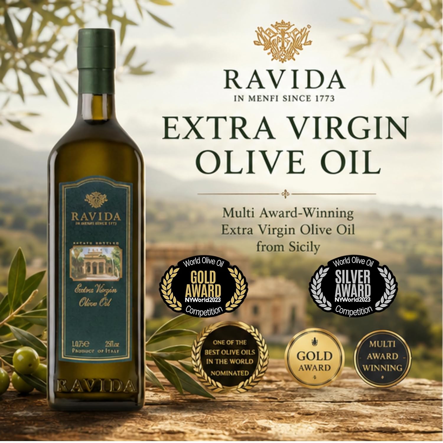 Ravida Extra Virgin Olive Oil, 25 Fl Oz– Multi Award-Winning Sicilian EVOO, Cold Extracted, Medium Fruity, Premium First Cold Pressed Olive Oil