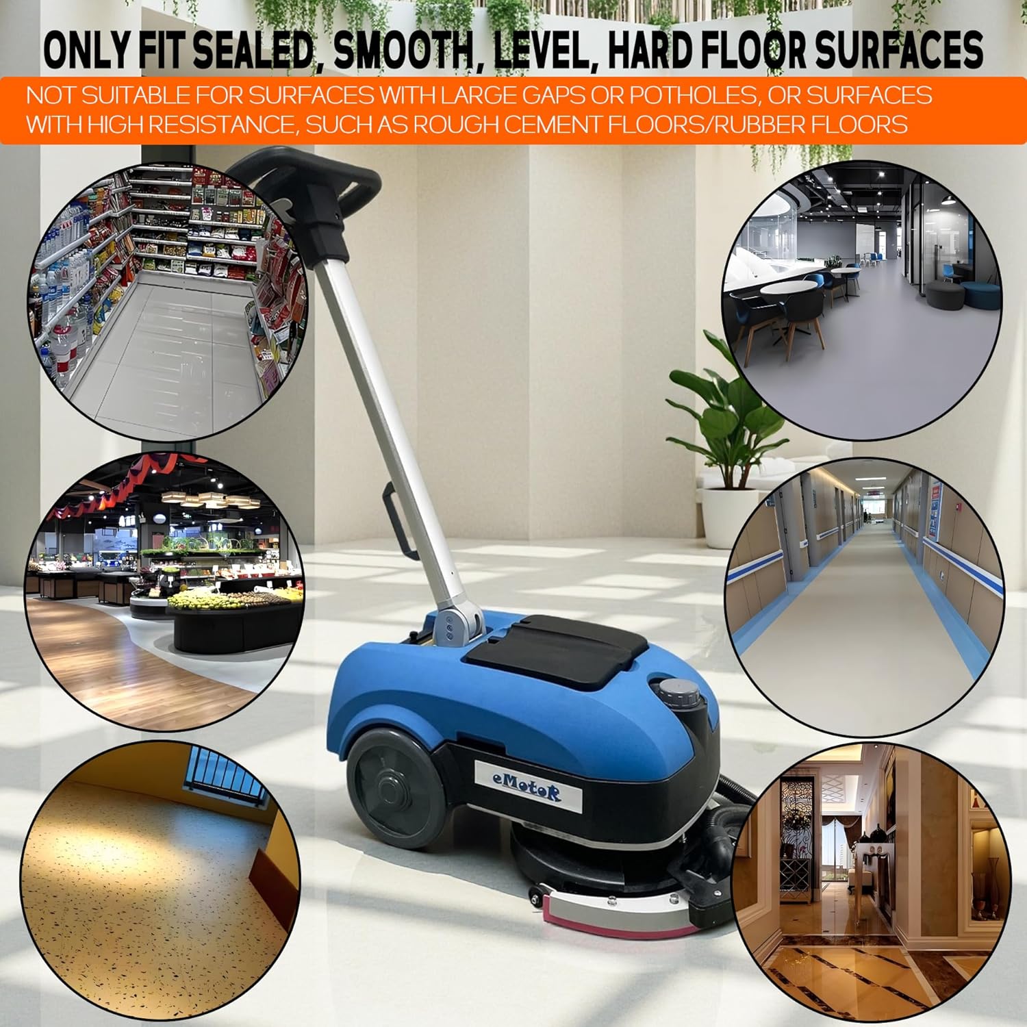 Emotor Portable Commercial Walk Behind Floor Scrubber-11" Brush | Lightweight, 360 Degress Rotation Squeegee Assembly