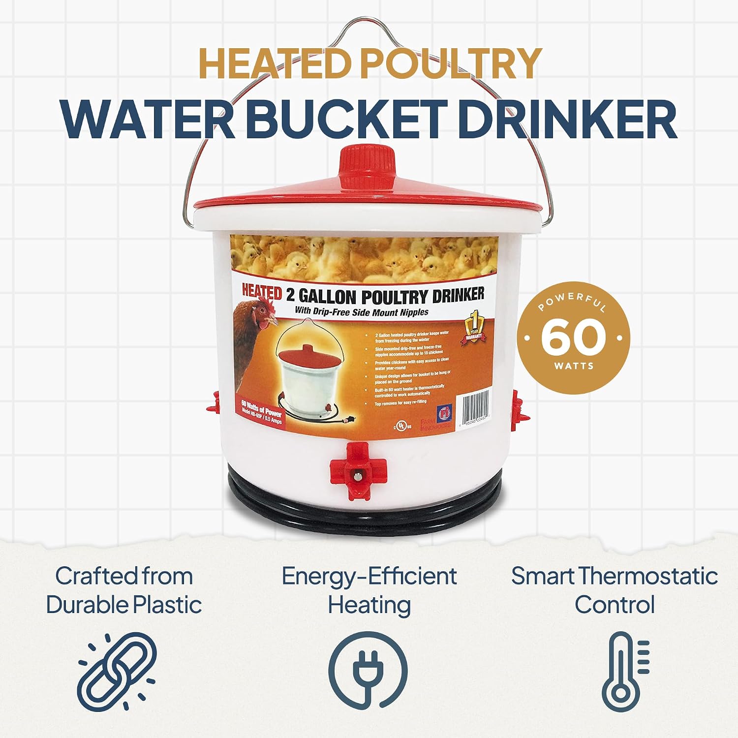 Farm Innovators HB-60P Thermostatically Controlled Heated 2 Gallon Plastic Outdoor Year Round Poultry Chicken Water Bucket Drinker, White/Red | Thermostatically controlled to keep water from freezing, side mounted drip-free/freeze-free nipples for up to…