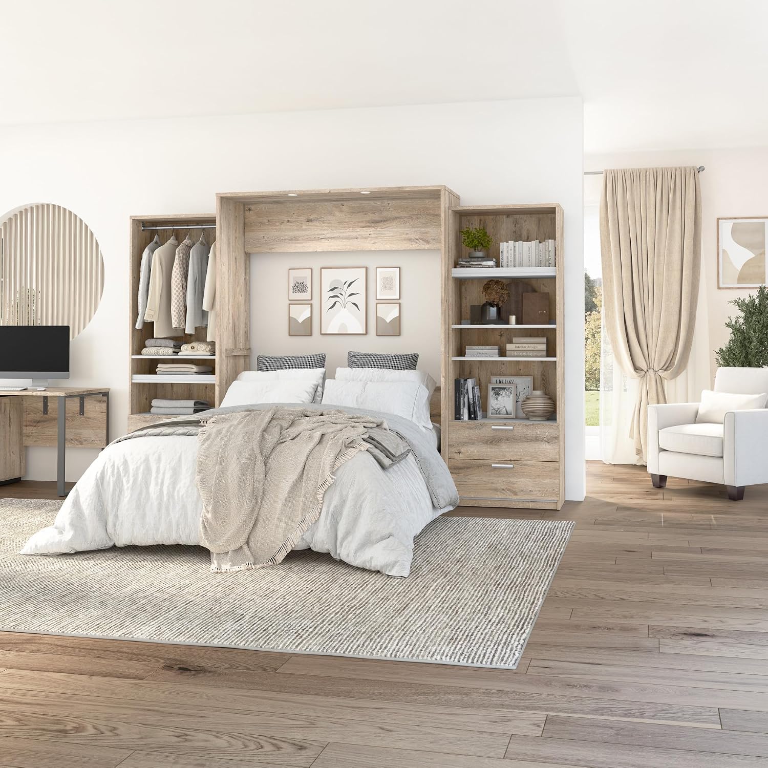 Bestar Cielo Queen Murphy Bed with 2 Closet Organizers with Drawers (125W) in Rustic Brown and White, Sleeping Arrangement for Multipurpose Room