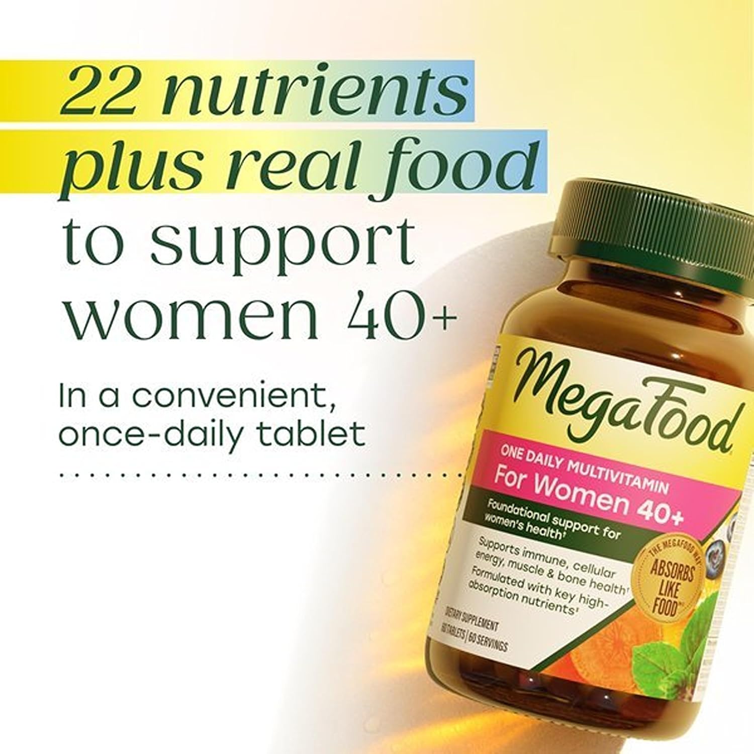 MegaFood One Daily Multivitamin for Women 40+ with 22 Nutrients, 30 Tablets | Immune Support, Cellular Energy, Muscle & Bone Health, Methylated B12, Methylfolate, Vitamin D3, C and Zinc, 30 Servings