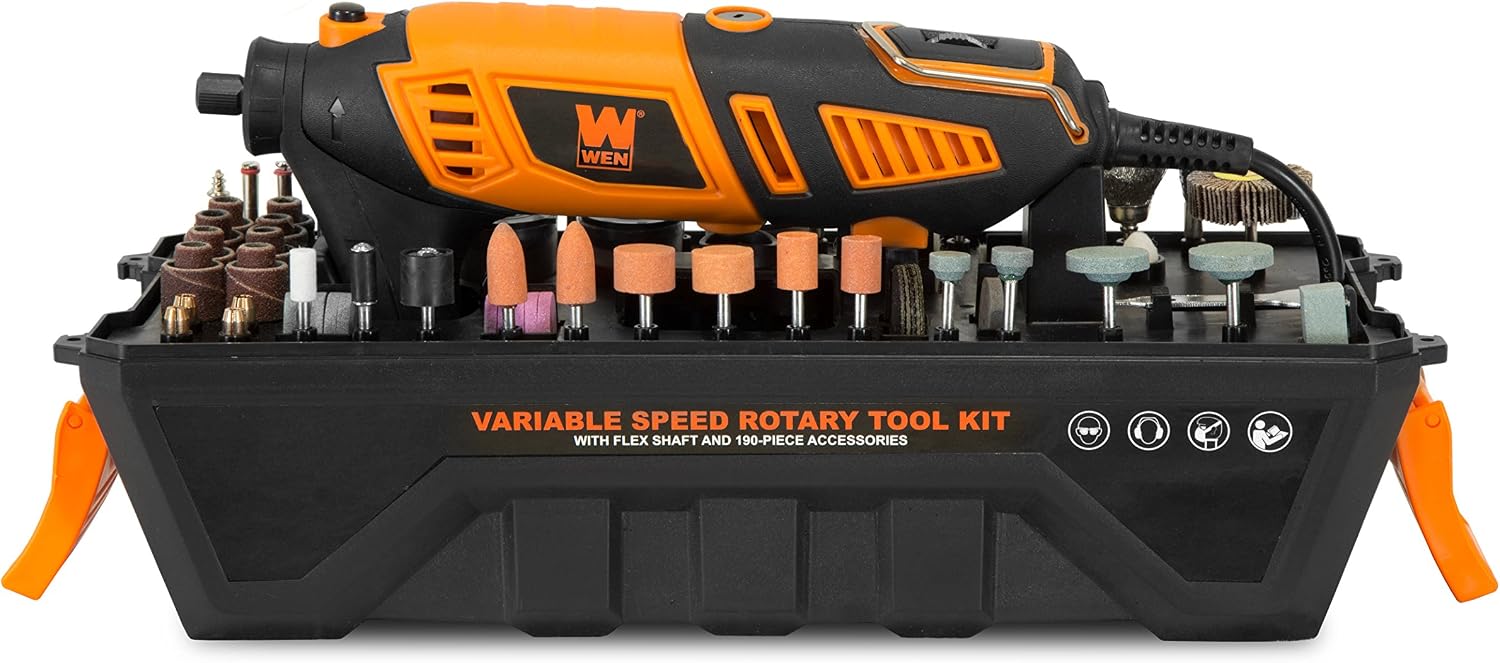 WEN 23190 1.3-Amp Variable Speed Steady-Grip Rotary Tool with 190-Piece Accessory Kit, Flex Shaft, and Carrying Case, Multicolor
