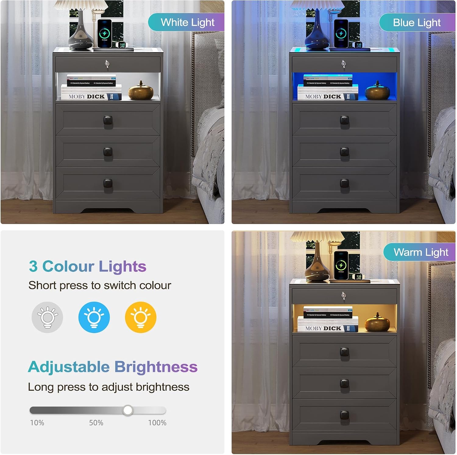 Lvifur LED Nightstand with Lockable Gun Drawer and Human Sensor, Black | USB & Type-C Charging Station, 3 Dimmable Lights, Adjustable Brightness, 3 Drawers, Farmhouse Style, Human Body Induction