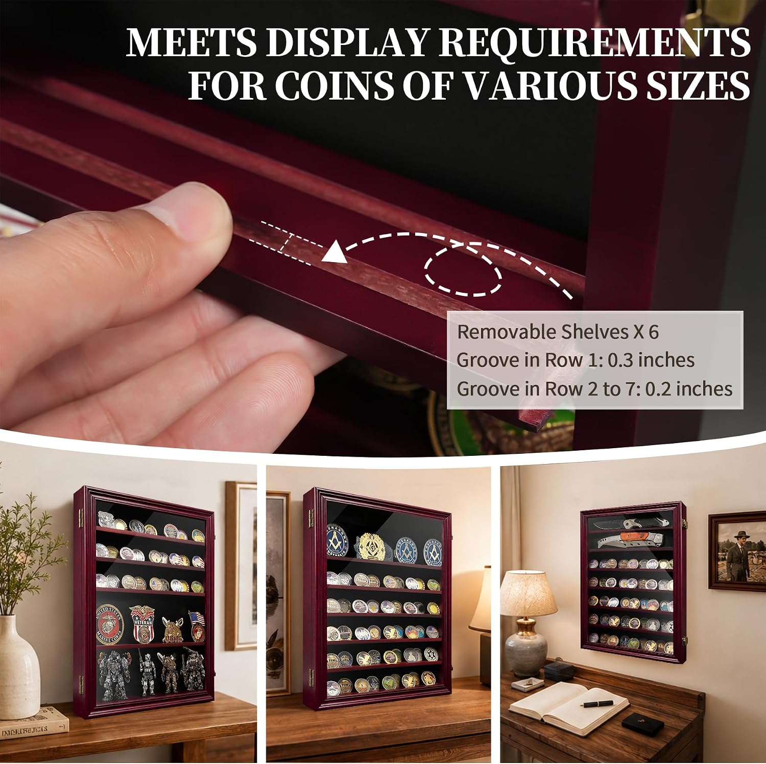 ASmileIndeep 7 Rows Military Challenge Coin Holder Display Cabinet Wall Mount with HD Tempered Glass, Holds 100 Coins, Wooden Medal Display Case Shadow Box with Removable Shelves, Mahogany