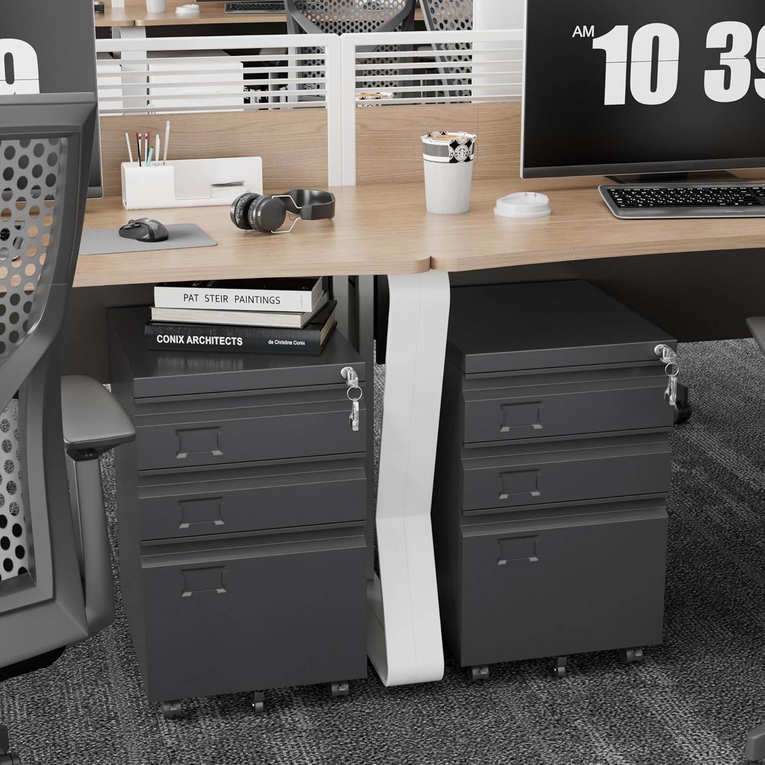3 Drawer Metal File Cabinet with Lock and Wheels, Black | 17.32"D x 14.57"W x 23.82"H under-desk cabinet, fits Letter, Legal and A4 files, 5 casters
