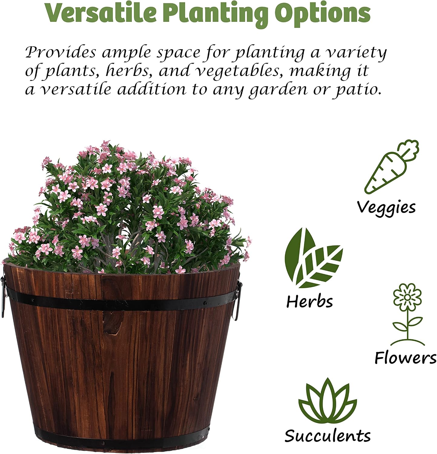 Rustic Wooden Whiskey Barrel Planter with Durable Medal Handles and Drainage Hole - Perfect for Indoor and Outdoor Plants, Herbs, and Vegetables - Medium