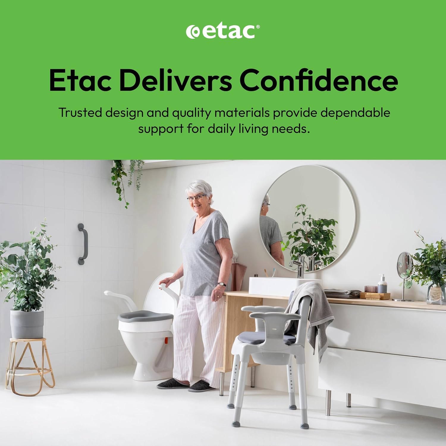 Etac Swift Commode – 3-in-1 Multi-Purpose Chair: Use as a Bedside Commode, Shower Chair & Toilet Seat Raiser – Height Adjustable, Lightweight