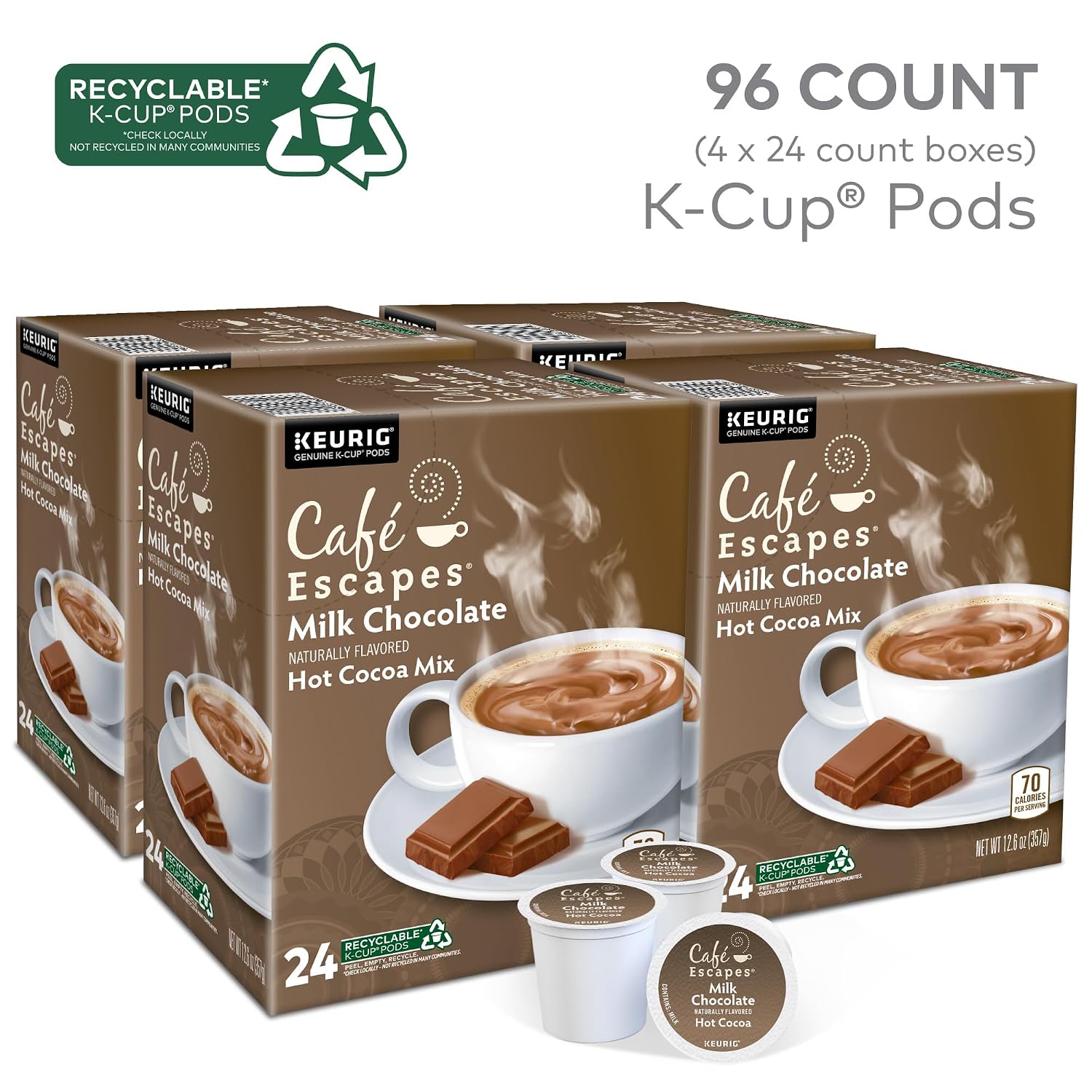 Cafe Escapes Milk Chocolate Hot Cocoa Keurig Single-Serve K-Cup Pods, 96 Count