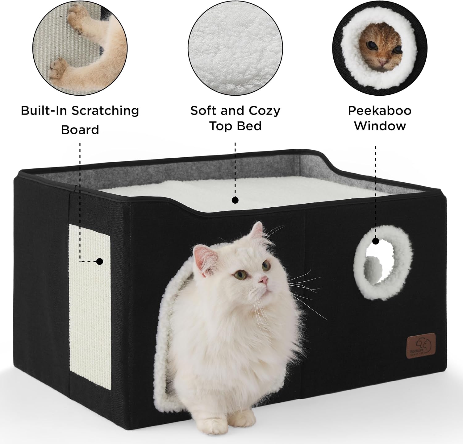 Bedsure Cat House Bed for Indoor Cats with Fluffy Ball and Scratch Pad,Grey