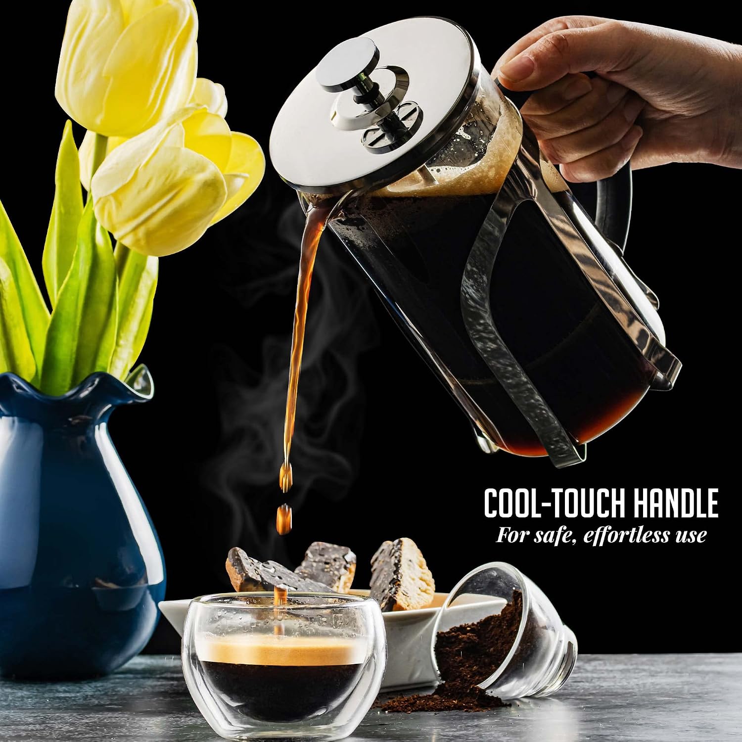 OVENTE French Press Coffee Maker, 34oz BPA-Free Cold Brewer, Clear FGC34T | Heat Resistant Borosilicate Glass, 4-Level Filter System, Stainless Steel Plunger, Cafetera Tea Pot for Kitchen Travel Gifts