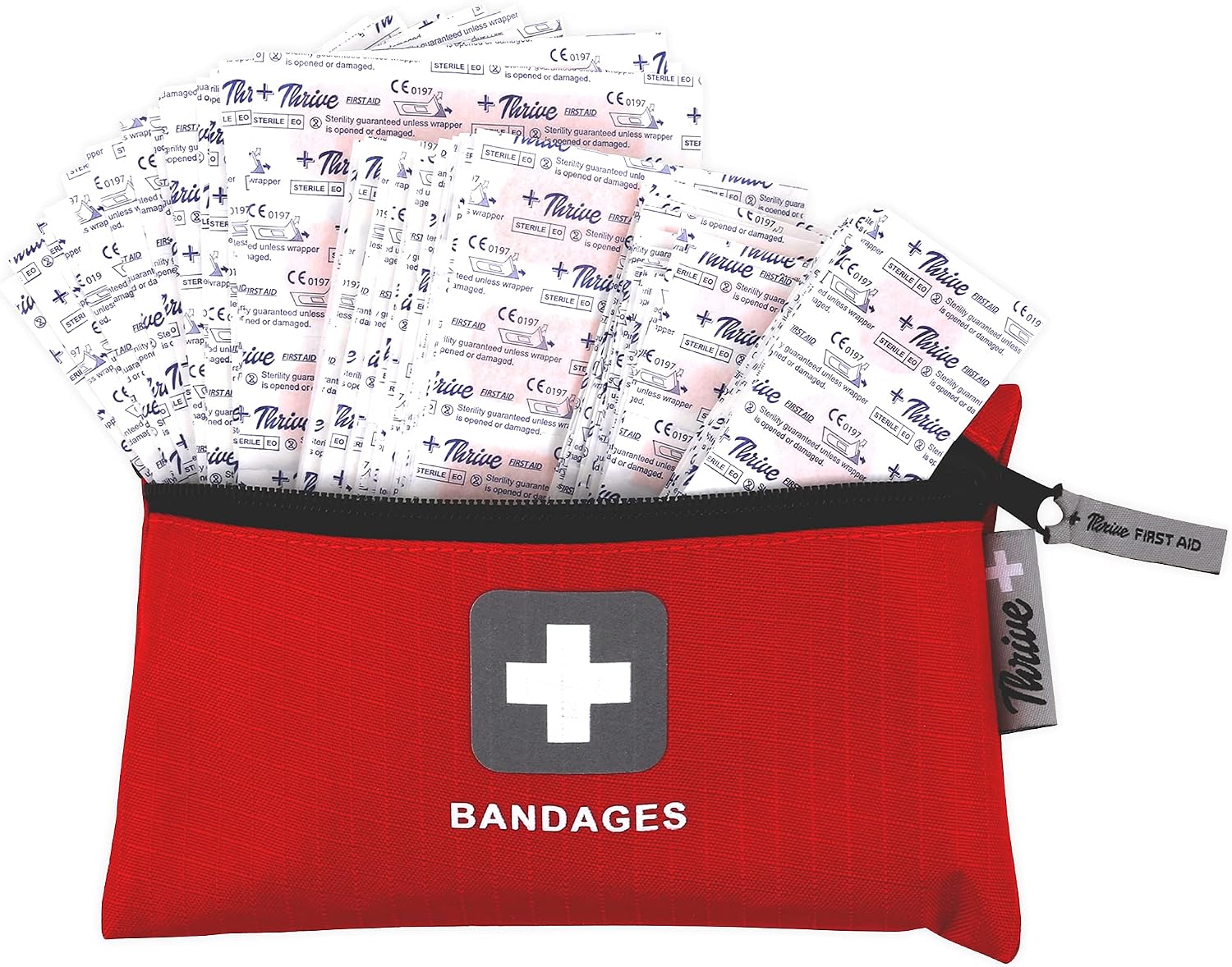 Thrive Mini First Aid Kit - Compact Travel Essentials Pack - Waterproof Camping Essentials Set - Portable Car First Aid Kit & Hiking Supplies Pouch - 66-Piece Set, Red Shell Case