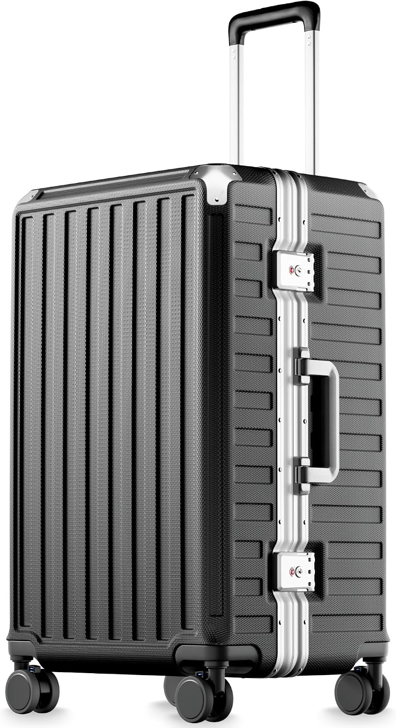 LUGGEX Zipperless Checked Suitcase, Aluminum Frame, Charcoal Metallic, 28" | Checked Luggage, 100% PC Hard Shell, 8010S Aluminum Frame, 8 Spinner Wheels, TSA Lock, Hard Shell, ZX-Core