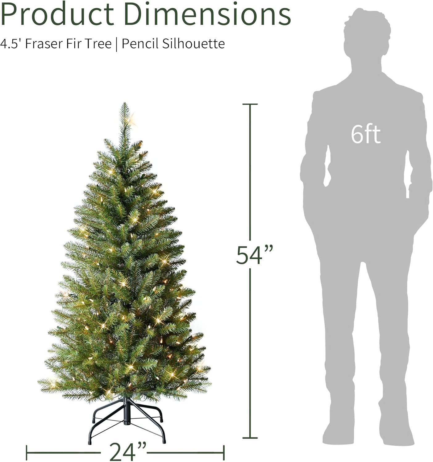 Puleo International 7.5ft Pre-Lit Fraser Fir Pencil Christmas Tree with 350 Clear Lights, 1188 Realistic Dense Branch Tips, Easy Setup Artificial Trees with Sturdy Metal Stand