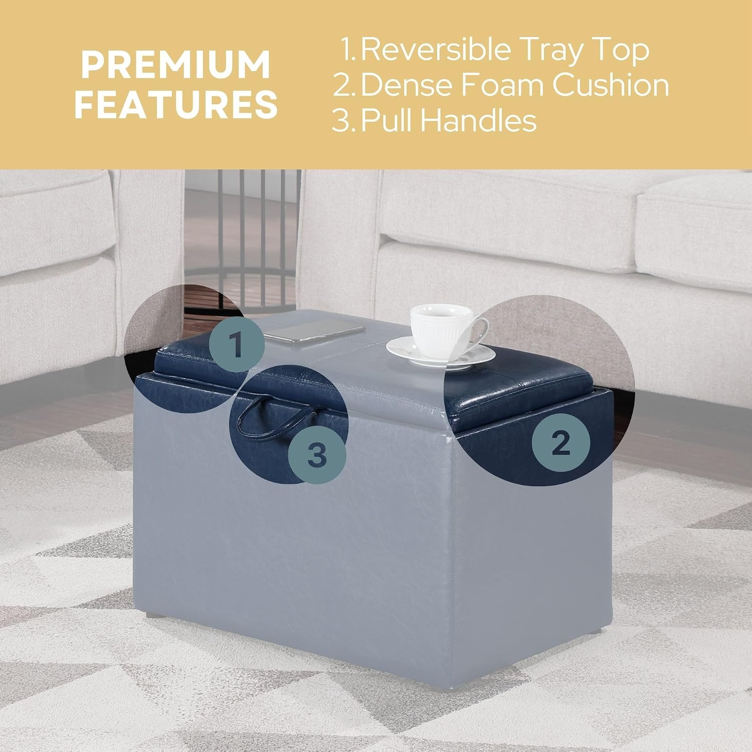 Convenience Concepts Designs4Comfort Accent Storage Ottoman 22.75" - Modern Foot Stool with Decorative Tray for Living Room, Dining Room, Office, Blue Faux Leather