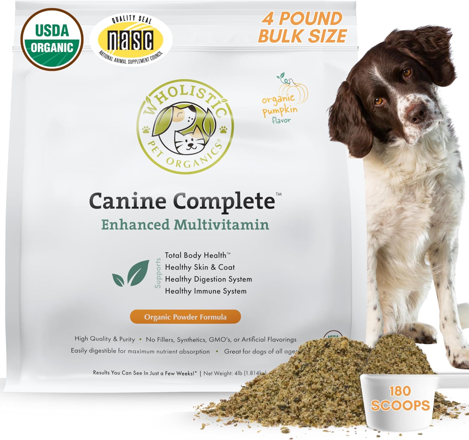 Organic Dog Vitamins | 1 Lb | 45 Scoops | Daily Dog Multivitamin with Prebiotics, Probiotics for Immune Support, Skin Coat, Digestion, & Joint Health | Canine Complete