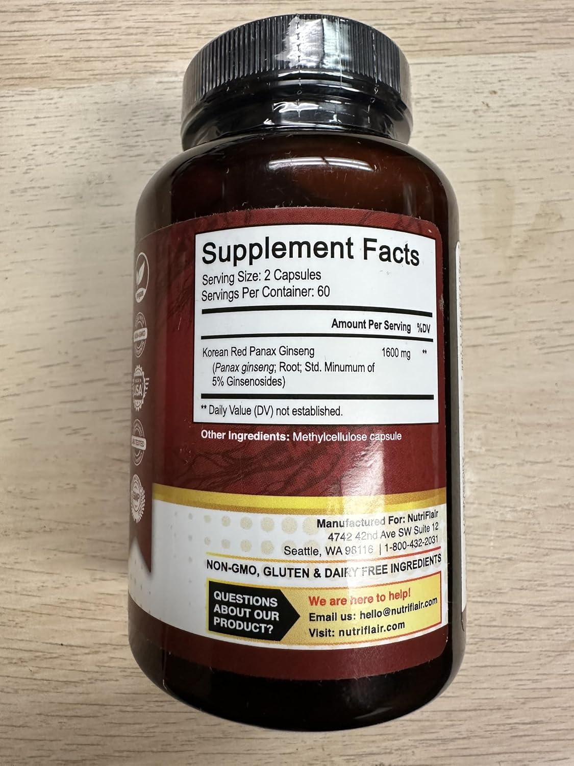 NutriFlair Korean Red Panax Ginseng 1600mg – 120 Vegan Capsules | 5% Ginsenosides | Non-GMO