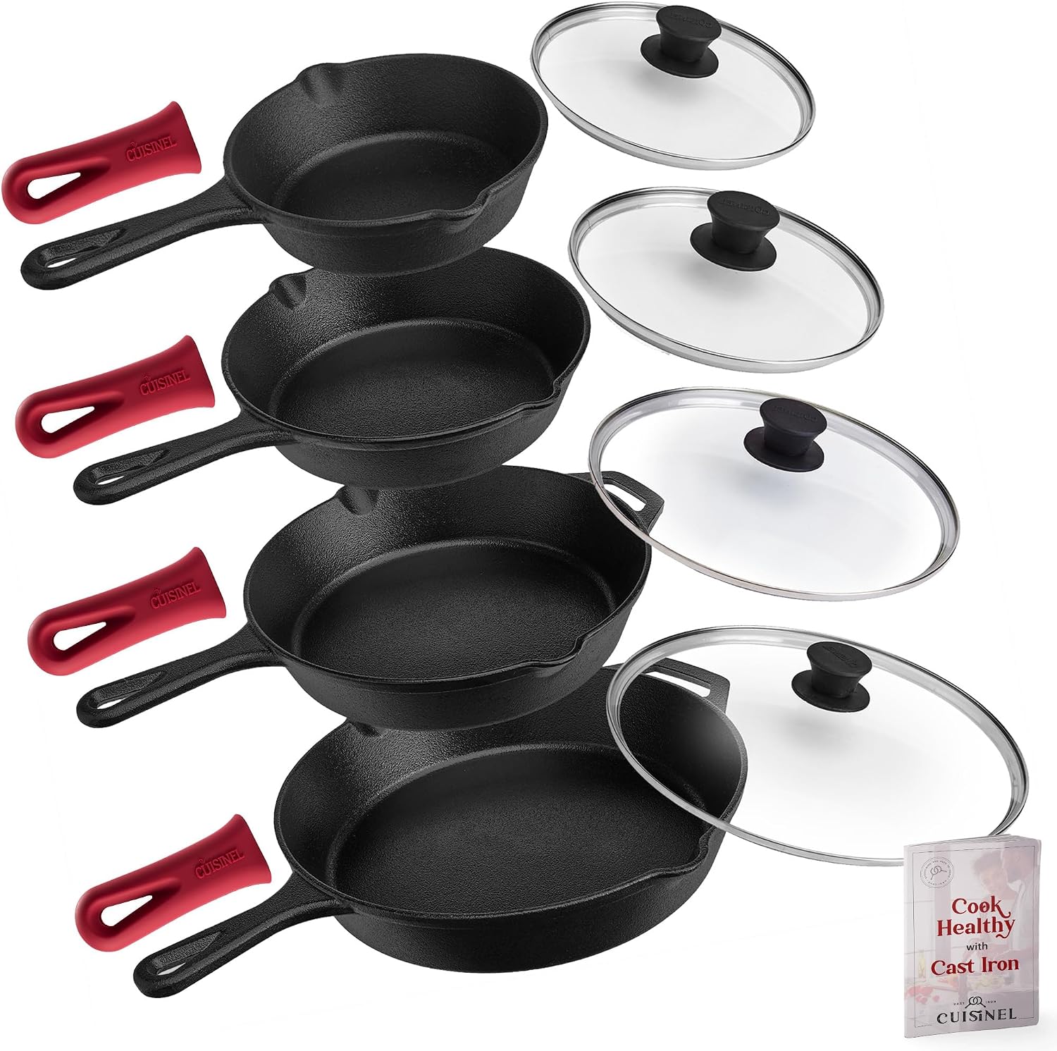 Cuisinel Cast Iron Skillet with Lid - 10"-Inch Pre-Seasoned Frying Pan + Glass Cover + Heat-Resistant Handle Holder - Indoor/Outdoor Use - Grill, Stove, Camp Firepit, Induction - Oven Safe Cookware