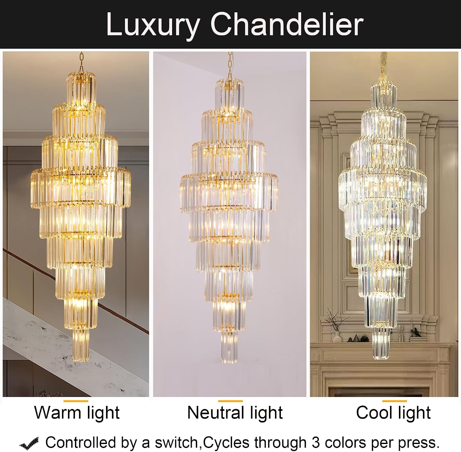 Luxury Modern Gold 9-Tier Crystal Chandelier for High Ceiling Foyer Staircase Large Entryway Light Fixture Dia23.7 20 Lights