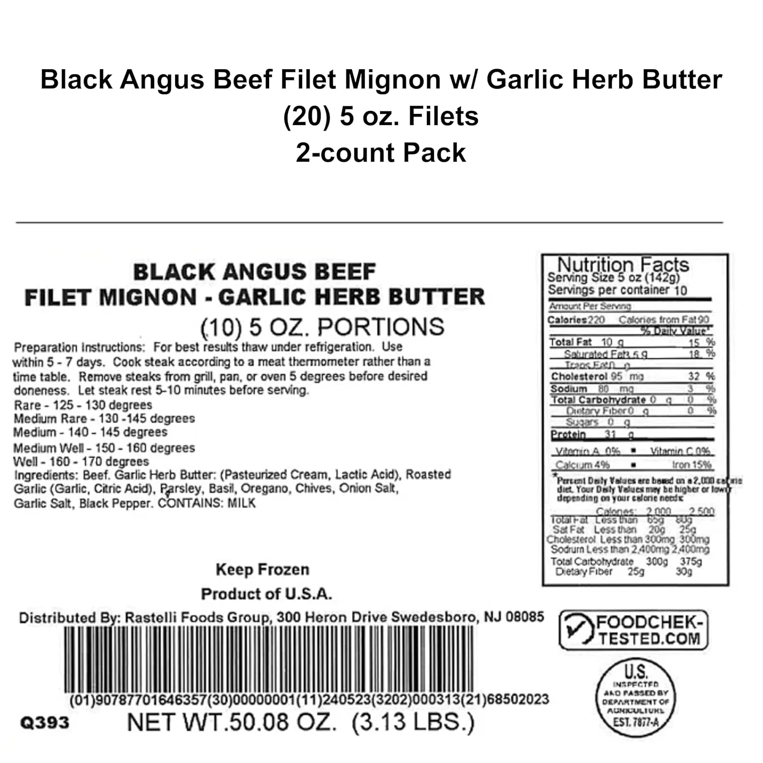 Rastelli's Black Angus Beef Filet Mignon Steaks (10 ct) 5 oz Portions, With Butter, 3.125 lbs. Total