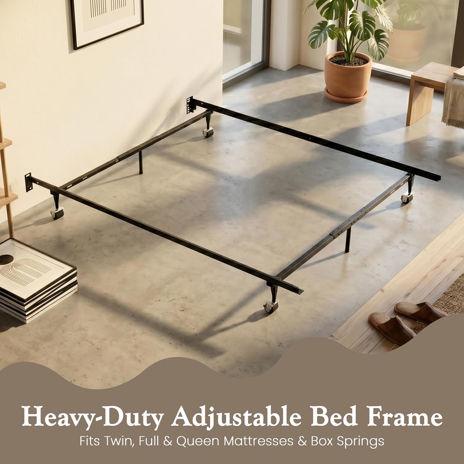 Kings Brand Furniture Adjustable Metal Bed Frame with Locking Wheels, Fits Twin, Twin XL, Full, Full XL & Queen Mattresses