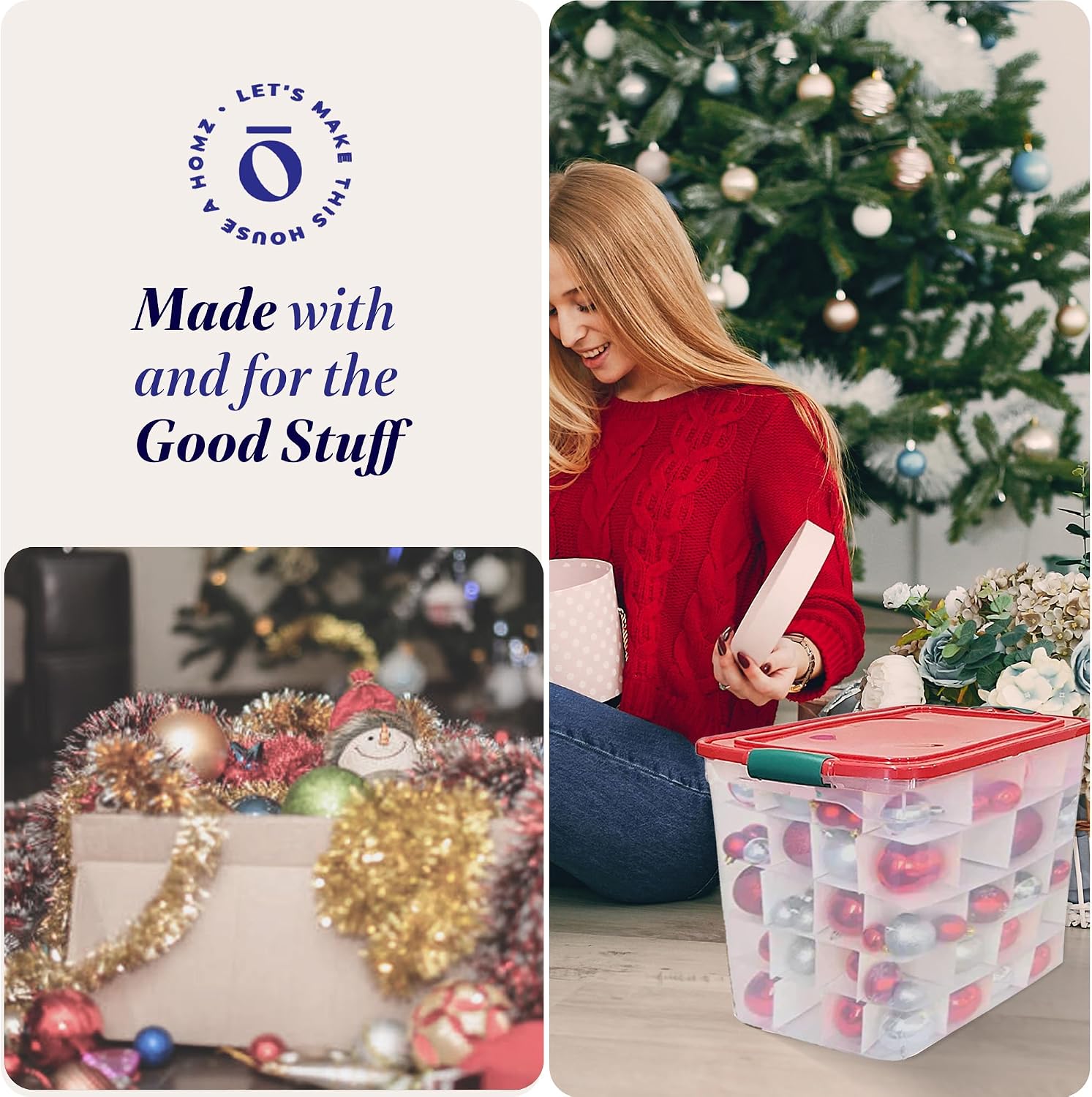 HOMZ Holiday Tote Plastic Storage Bin with Lid, 112 Qt, Clear/Red, 2 Pack