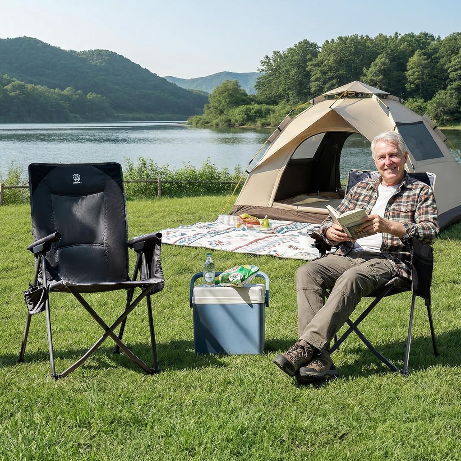 EVER ADVANCED Reclining Camping Chairs for Adult Supports 350lbs Grey | Lightweight, Folding Recliner with Adjustable Back, 4-Level Lounge Chairs