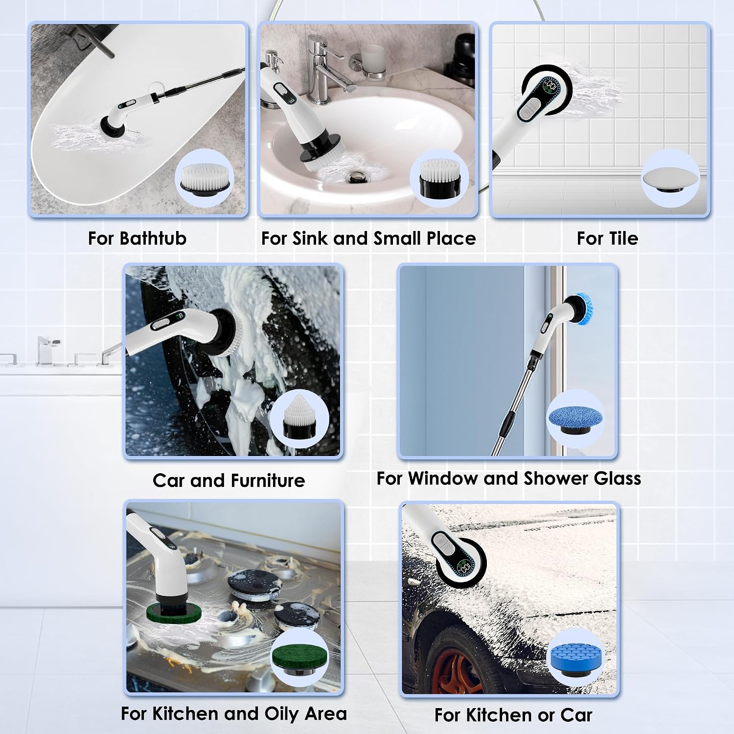 Electric Spin Scrubber for Cleaning, Cordless Power Scrubber with Long Handle, 10 Replaceable Brush Heads, 2-Speed, IPX7 Waterproof for Bathroom