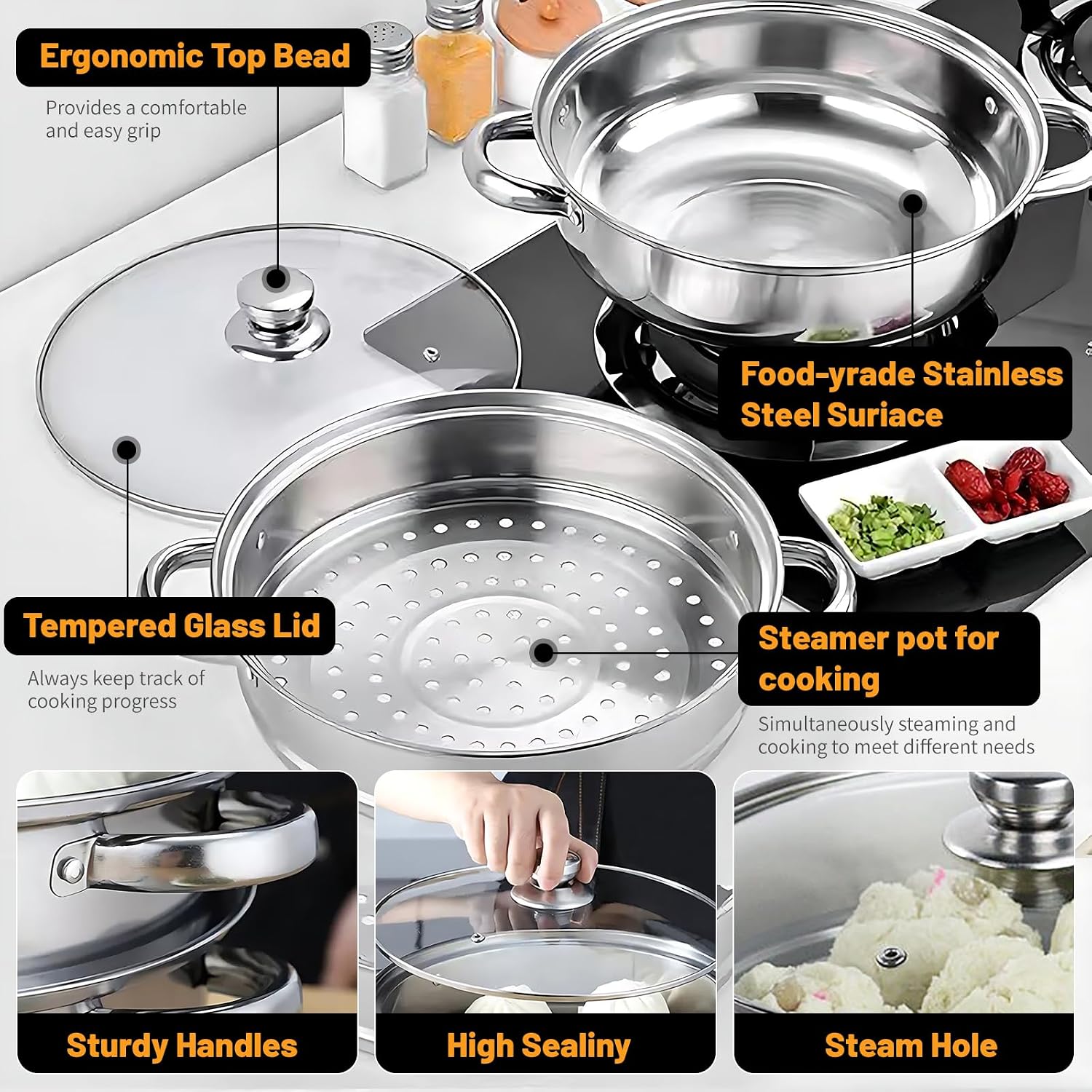 Vegetable Steamer Basket, Stainless Steel Folding Steamer Basket Insert for Veggie Fish Seafood Cooking