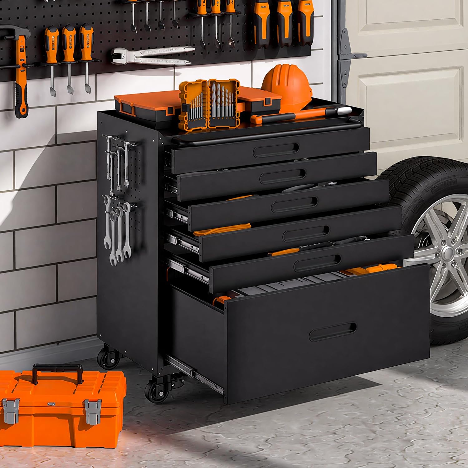 Garage Cabinets,Metal Garage Storage Cabinet with Wheels,Black Lockable Rolling Tool Cabinet with Drawer and Adjustable Shelves,Heavy Duty Tool Chest for Home Office Utility Room
