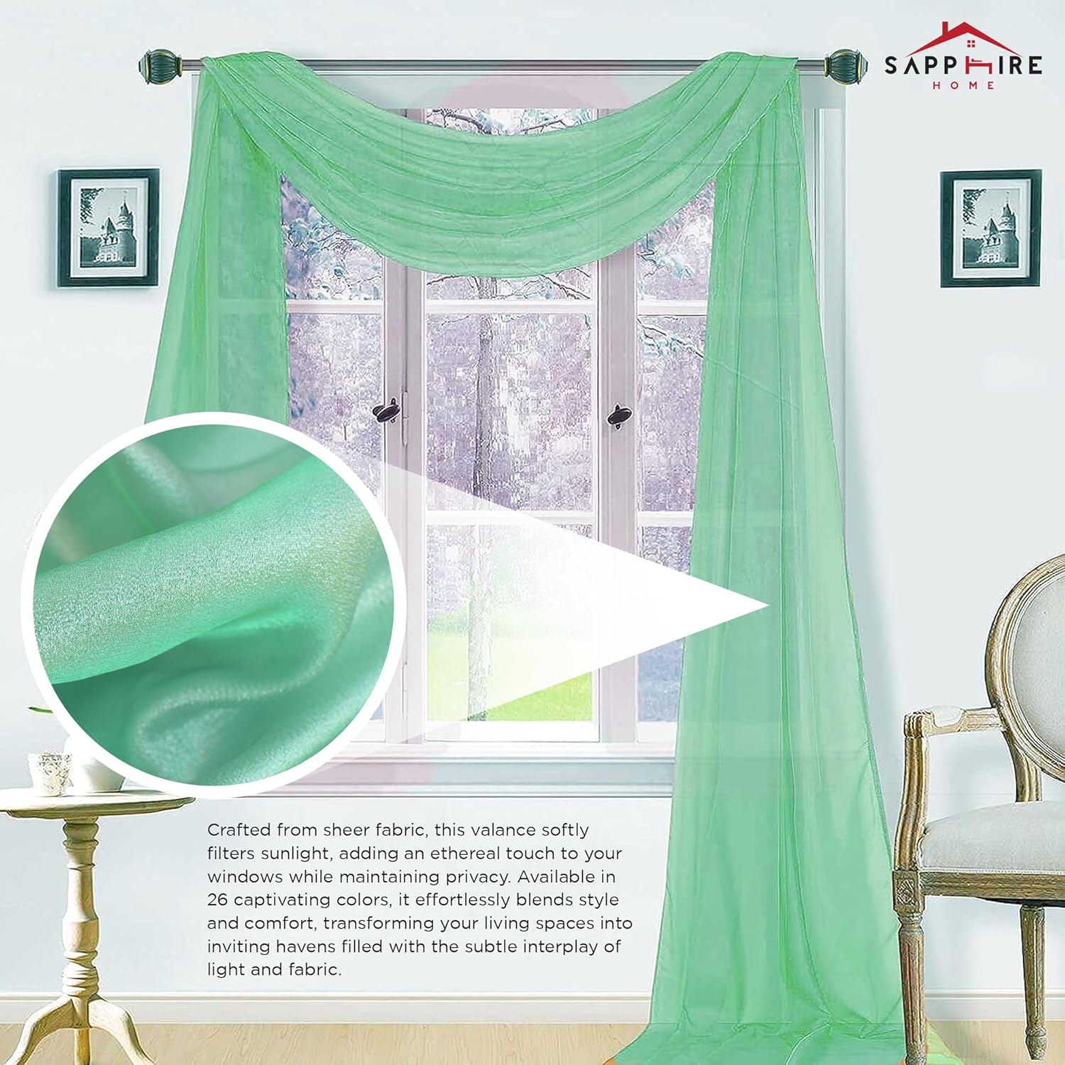 Sapphire Home Window Scarf Valance Curtains - Extra Long Sheer Valances for Windows - Voile Swag Curtains for Living Room, Kitchen, and Bedroom Decor