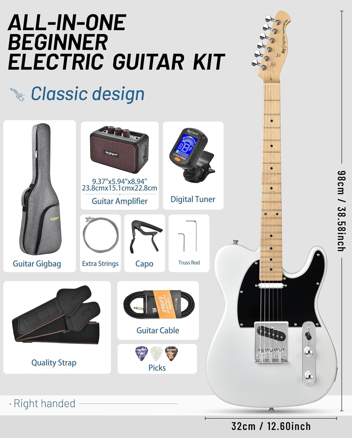 Leo Jaymz Beginner Electric Guitar Complete Kit with Portable Amp, Padded Gig Bag & Full Accessories, Maple Neck (TL-White)