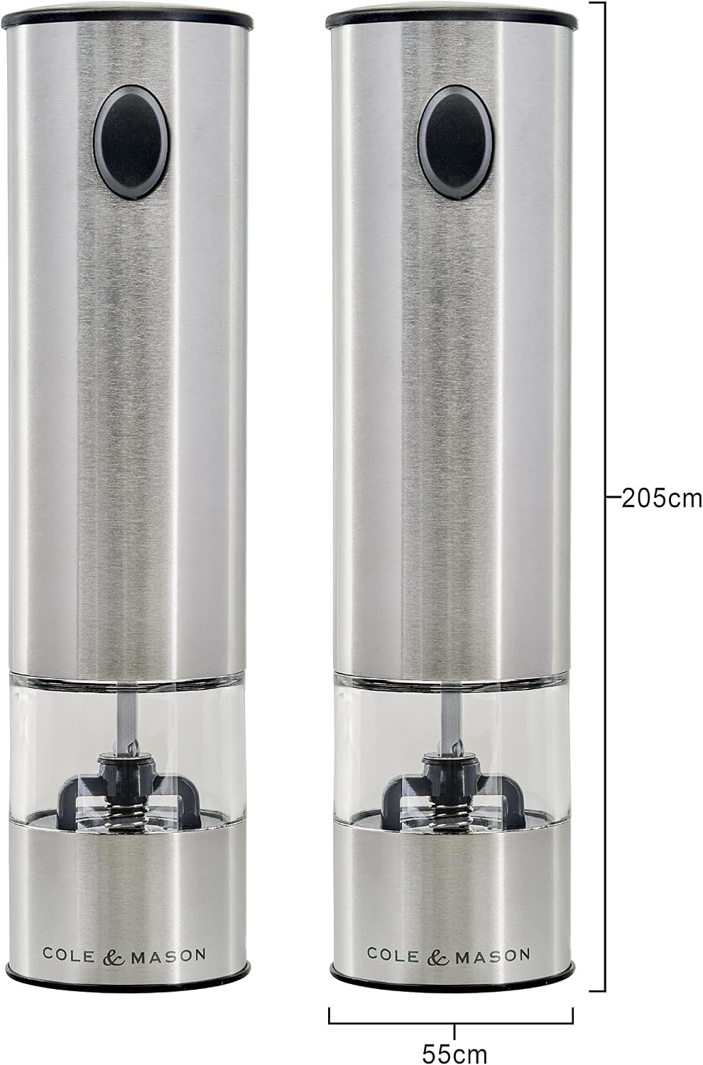 Cole & Mason H3004480 Battersea Salt and Pepper Mills | Electronic | Stainless Steel/Acrylic | 210mm | Gift Set | Includes 2 x Electric Salt and