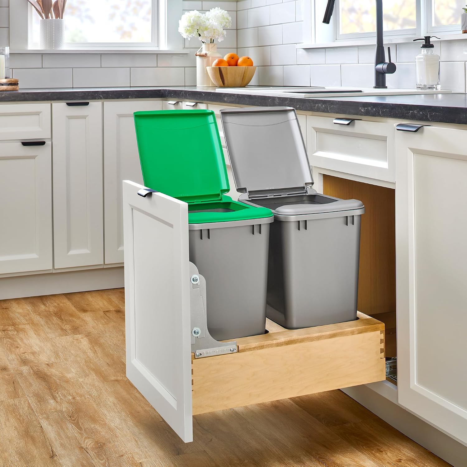 Rev-A-Shelf 35 Qt Bottom Mount Single Pullout Under Cabinet Kitchen Trash Cans for Base Cabinets, 150 Pound Rated Full-Extension Slides, Min Opening Width of 11.5", Silver, 4WCBM-15DM-1